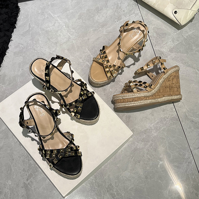 10cm Woven Wedge Rivet Sandals for Women Boho Summer High Heel Roman Strappy Sandals