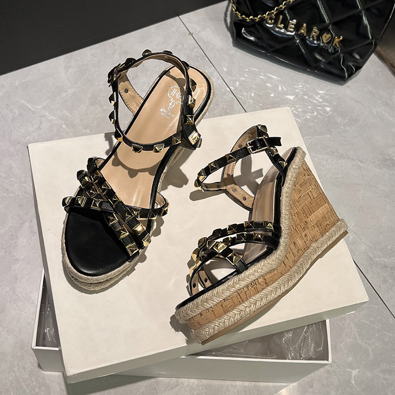 10cm Woven Wedge Rivet Sandals for Women Boho Summer High Heel Roman Strappy Sandals