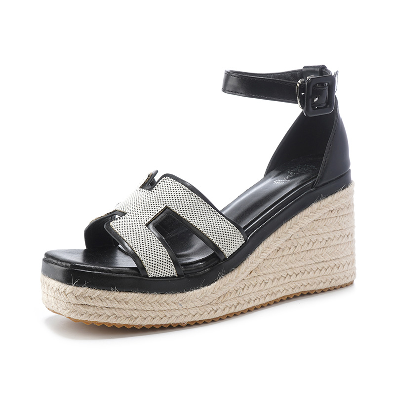 2025 Summer Hemp Rope Woven Wedge Thick Sole Sandals Women One Strap Buckle Square Toe Open Toe Height Increasing Sandals