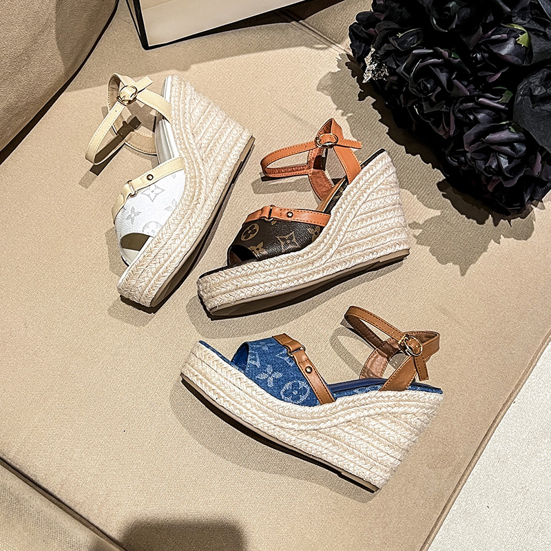 2025 Summer Open Toe Wedge High Heel Sandals Woven Thick Sole Beach Shoes Women 11cm