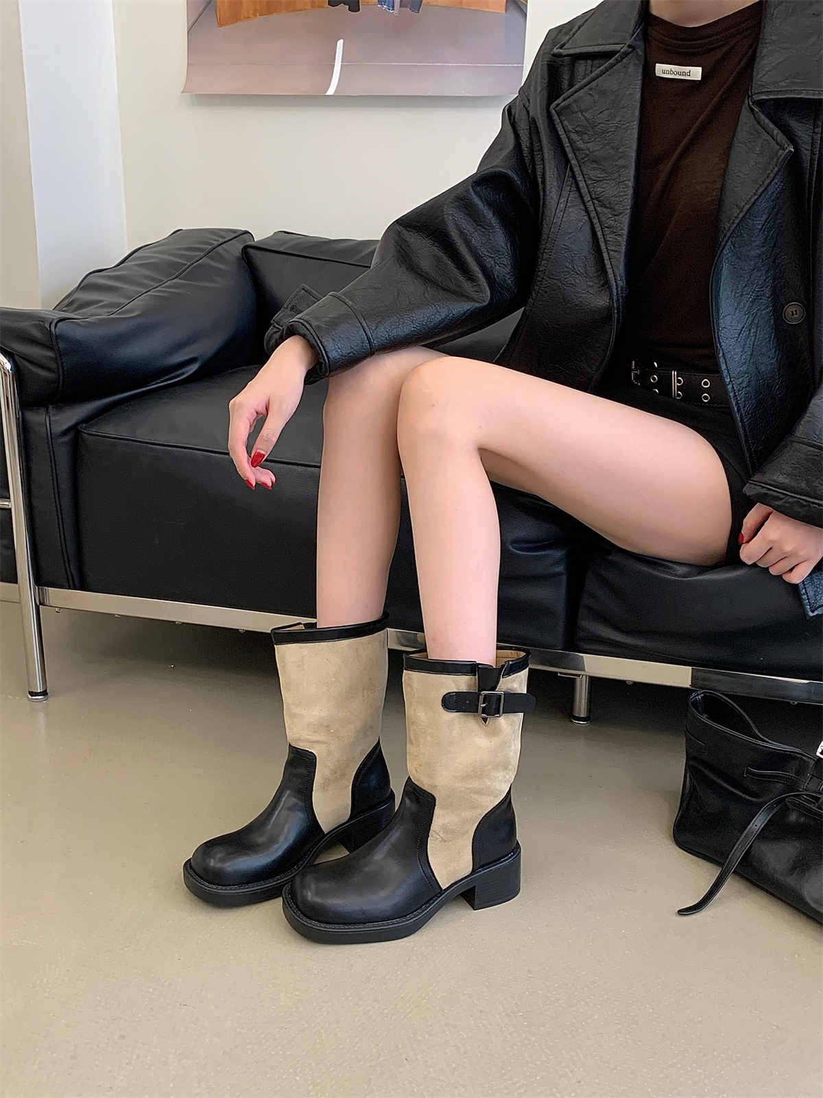 2026 New Women's Round Toe Chunky Heel Brown Knight Boots with Buckle and Folded Shaft