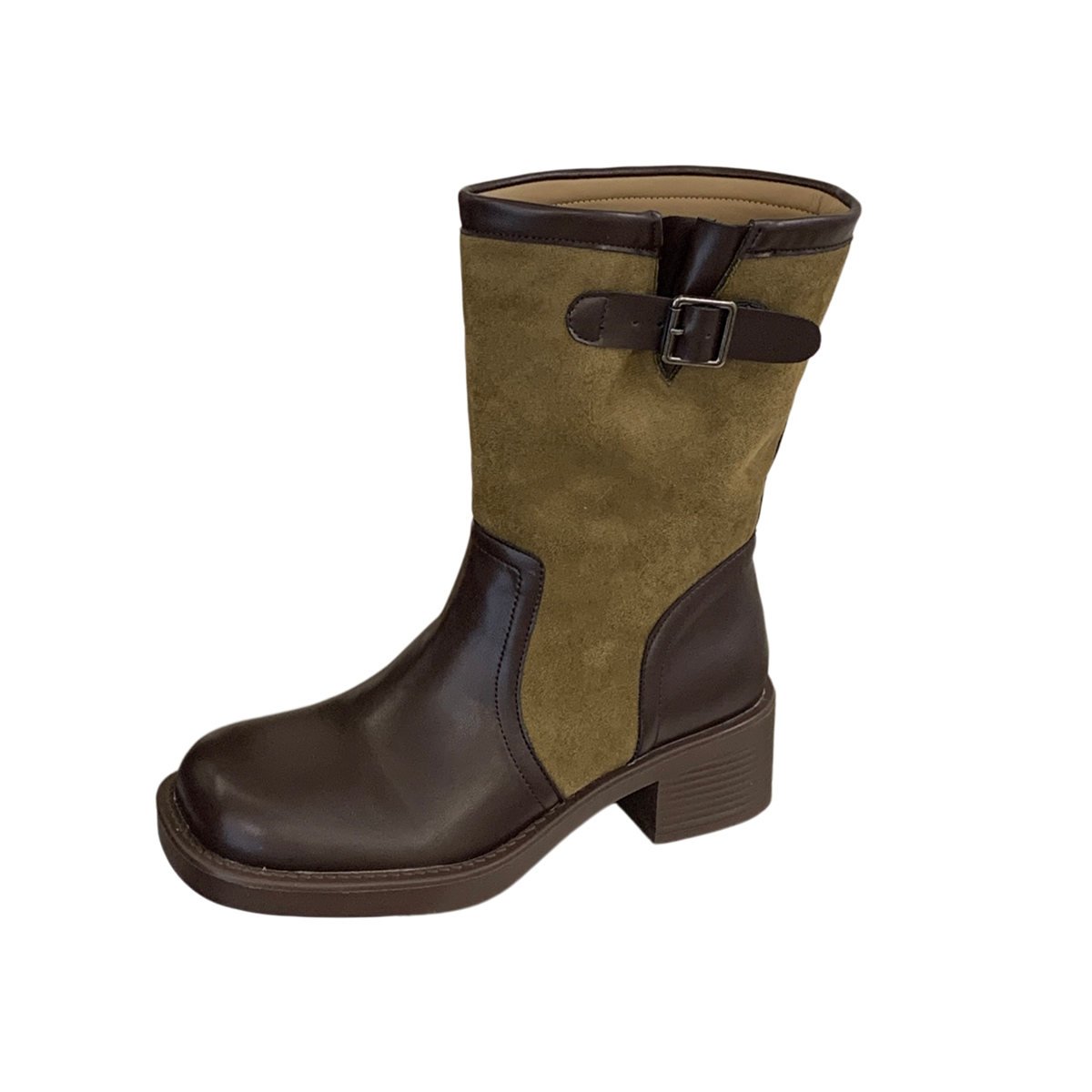 2026 New Women's Round Toe Chunky Heel Brown Knight Boots with Buckle and Folded Shaft