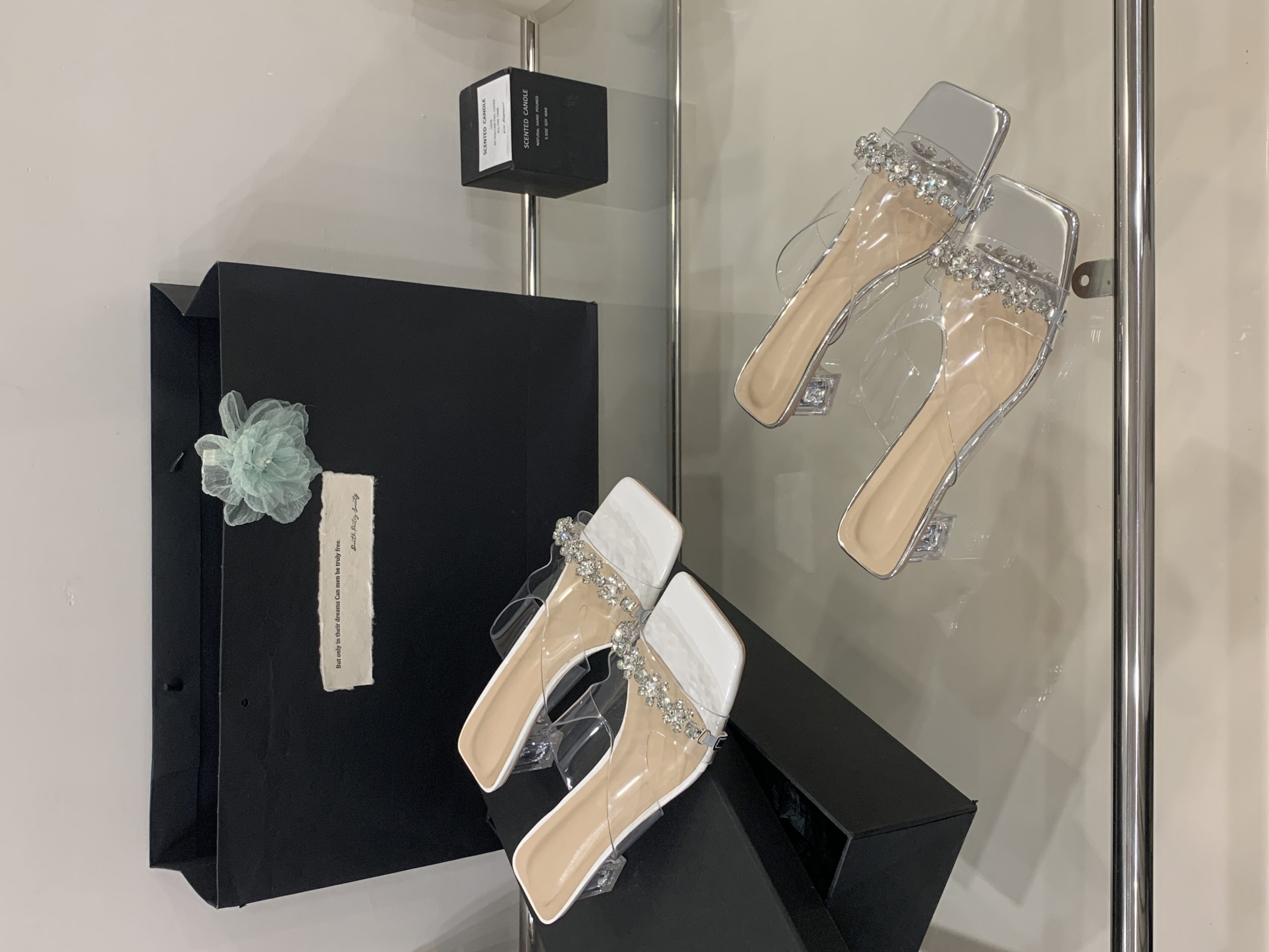 DIAIRIZ Sheepskin Square Toe Crystal Chunky Heel Transparent Fairy Style Low Heel Slippers for Women Summer 2025