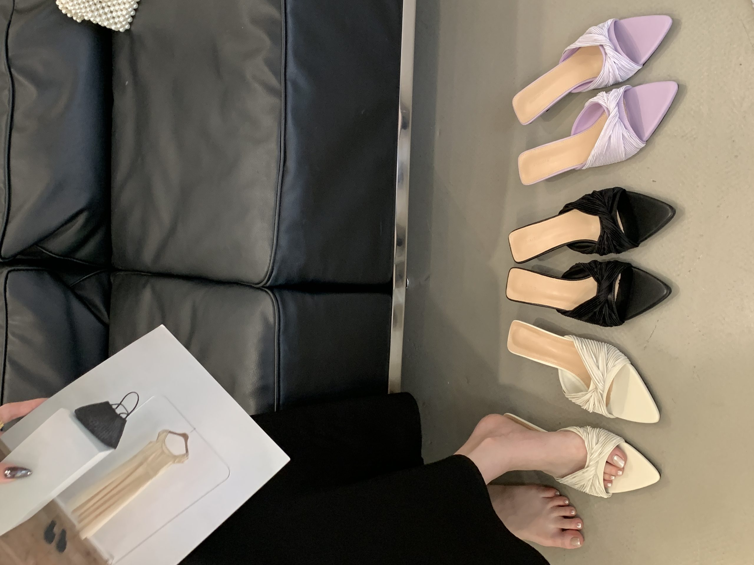 DIAIRIZ Women's French Design Pointed Toe Open Toe Pleated Slippers with Kitten Heel Cream Apricot Low Heel Elegant