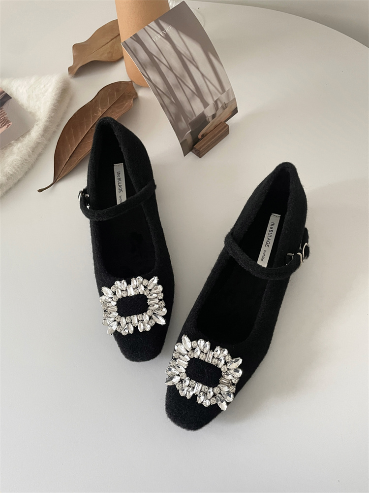 French Evening Rhinestone Square Toe Wool Mary Jane Shoes Winter Fleece Lined Chunky Heel Women's Shoes