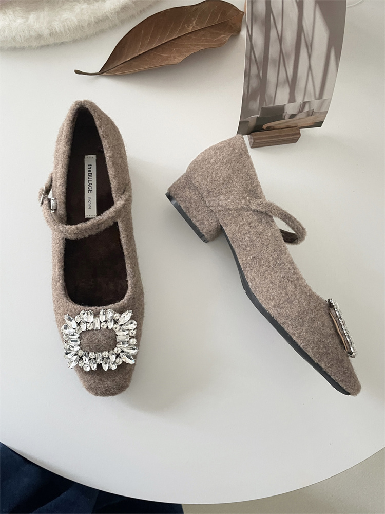 French Evening Rhinestone Square Toe Wool Mary Jane Shoes Winter Fleece Lined Chunky Heel Women's Shoes