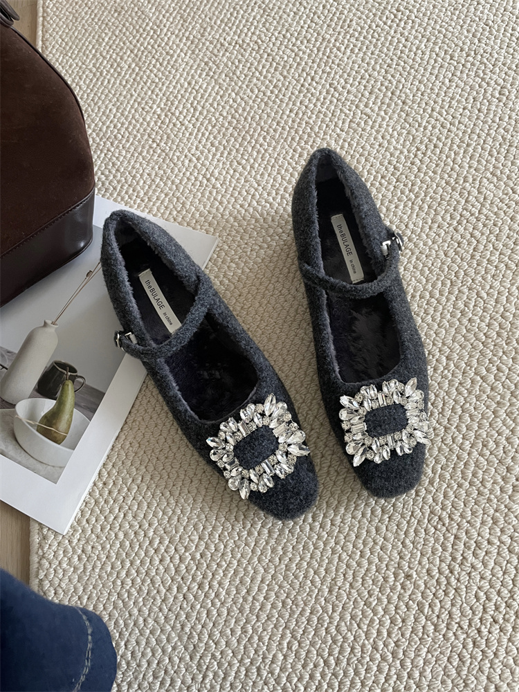 French Evening Rhinestone Square Toe Wool Mary Jane Shoes Winter Fleece Lined Chunky Heel Women's Shoes