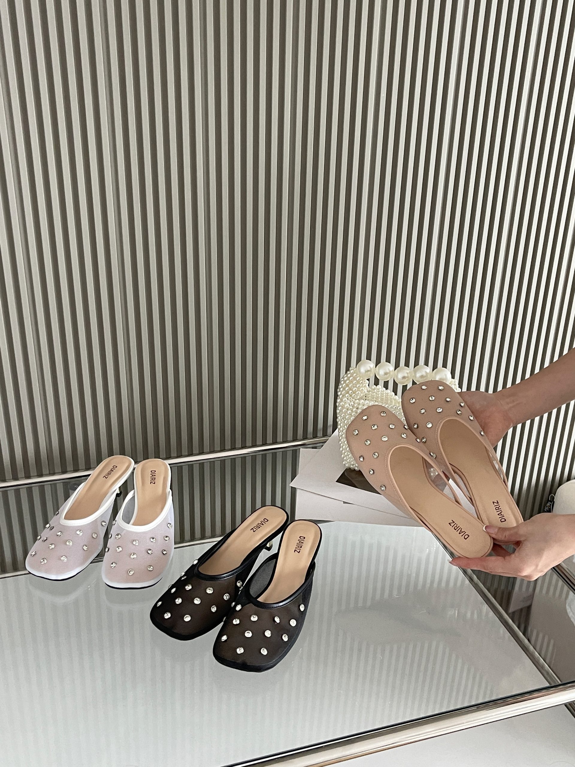 french-lace-mesh-low-heel-rhinestone-slippers-for-women-sweet-summer-style French Lace Mesh Low Heel Rhinestone Slippers for Women Sweet Summer Style