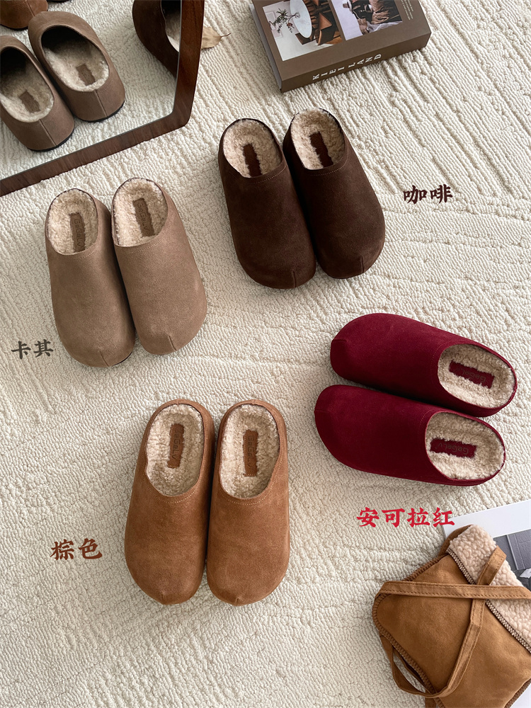 New Style Elevated Retro Birkenstock Women's Shoes with Fleece Lining, Slip-On Covered Half Slippers