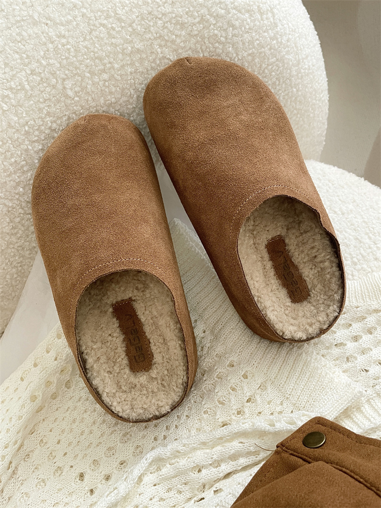 New Style Elevated Retro Birkenstock Women's Shoes with Fleece Lining, Slip-On Covered Half Slippers