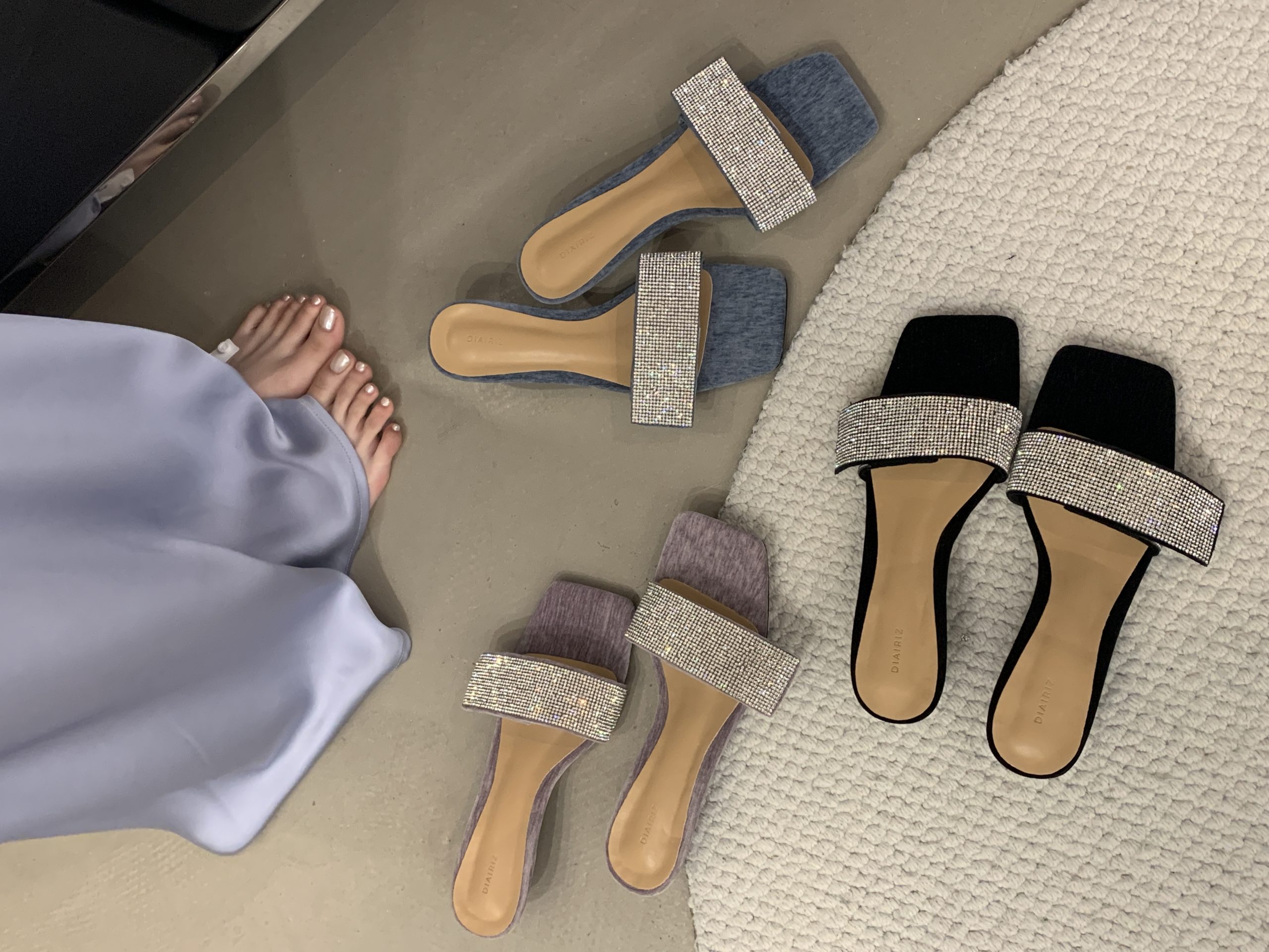 Summer French Square Toe Rhinestone Slippers for Women Fashion Versatile Magic Tape Adjustable Kitten Heel Light Luxury Sparkling
