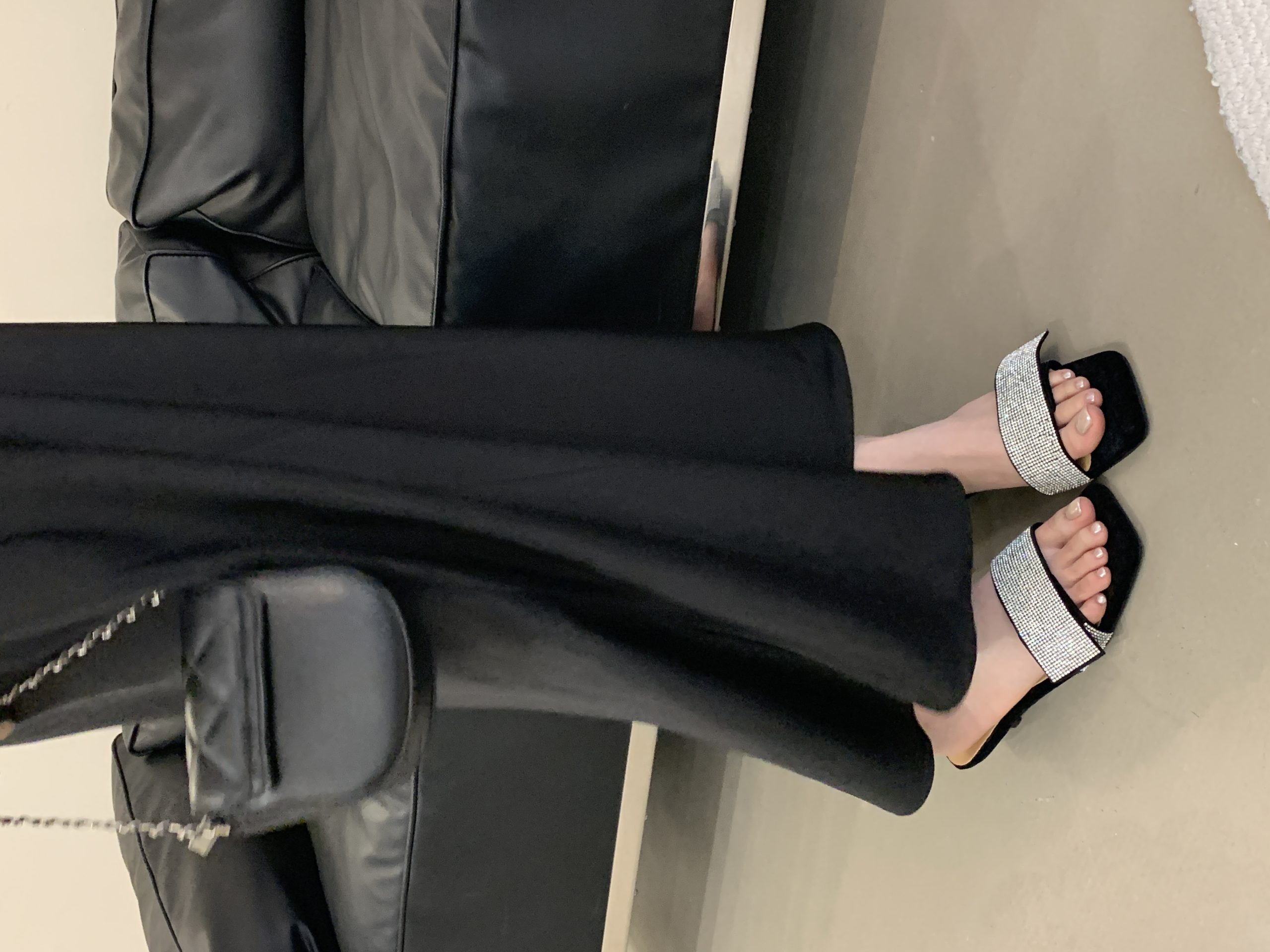 Summer French Square Toe Rhinestone Slippers for Women Fashion Versatile Magic Tape Adjustable Kitten Heel Light Luxury Sparkling