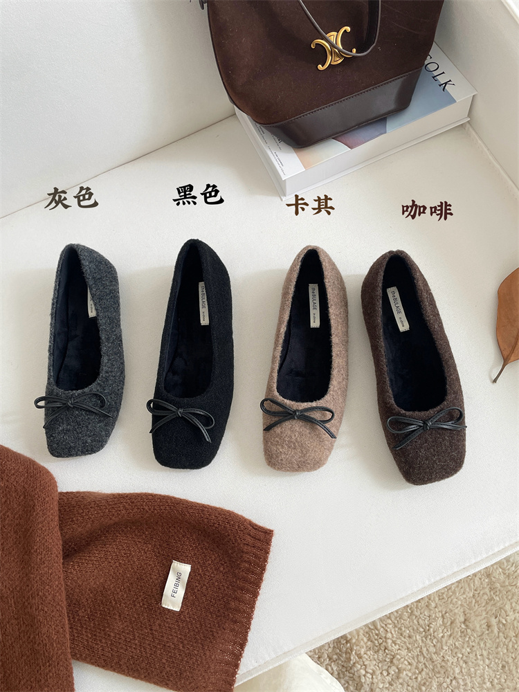 Vintage Wool Bow Square Toe Flat Shoes Women's 2024 Winter Mary Jane Shoes