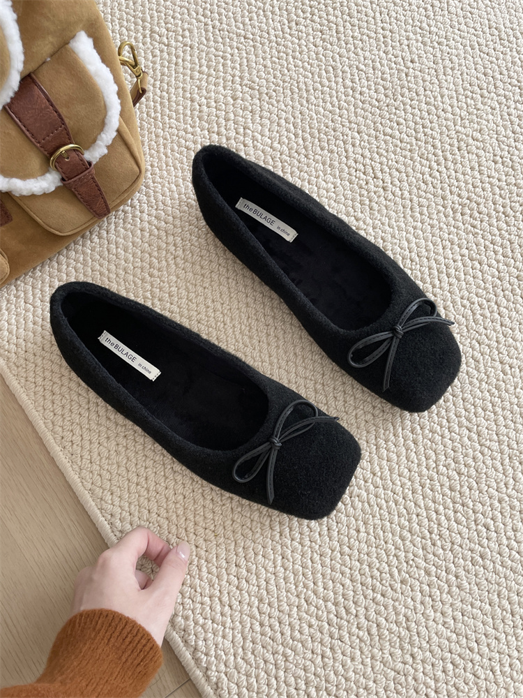 Vintage Wool Bow Square Toe Flat Shoes Women's 2024 Winter Mary Jane Shoes