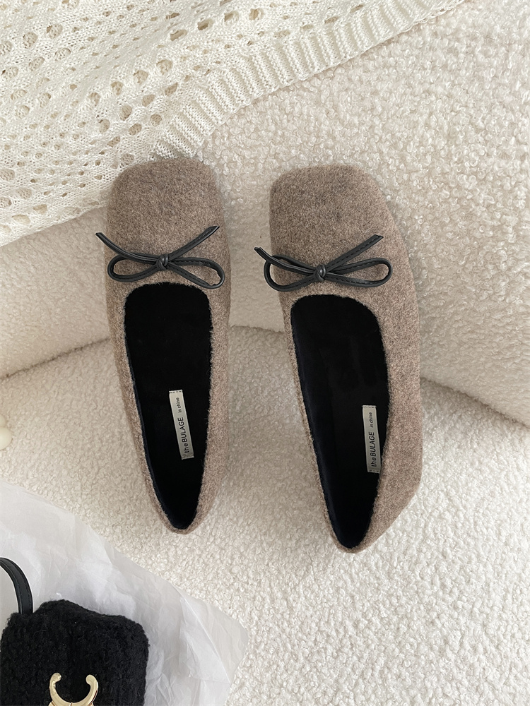 Vintage Wool Bow Square Toe Flat Shoes Women's 2024 Winter Mary Jane Shoes