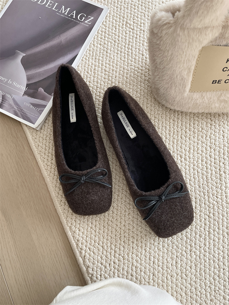 Vintage Wool Bow Square Toe Flat Shoes Women's 2024 Winter Mary Jane Shoes