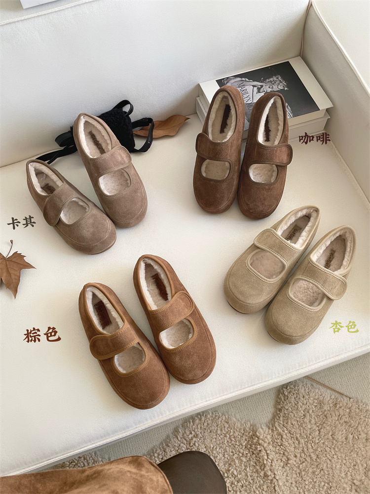 Women's Faux Fur Mary Jane Shoes with Velcro Strap, Low Heel 3cm, Warm Lined Casual Shoes